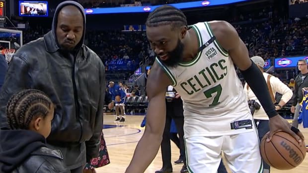 Kanye West Spoke With Jaylen Brown During The Warriors Vs. Celtics Game, Made His Son Saint Meet Brown