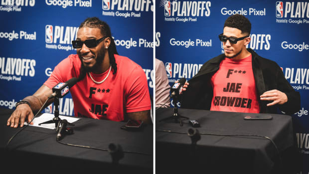 Devin Booker And Jae Crowder Trolls The Haters With 'F*** Jae Crowder' T-Shirts During Post-Game Press Conference