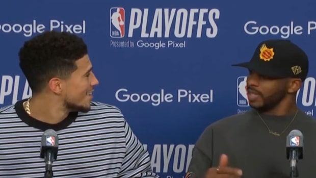 Devin Booker Catches Chris Paul Laughing After Reporter Mentions Booker's Early Failures To Make The Playoffs: "Why Is That Funny?"