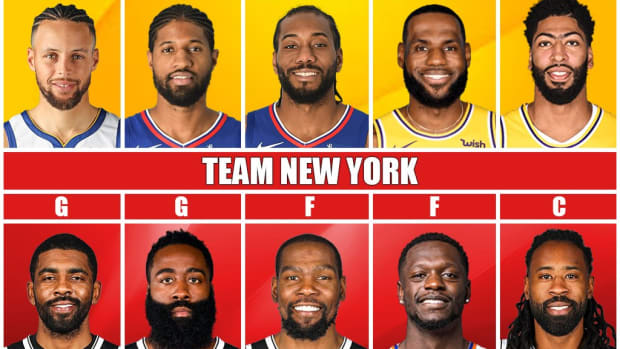 Team California vs. Team New York: Curry, LeBron, Davis vs. Irving, Harden, Durant