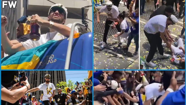 NBA Fan Says "Someone Take The Henny Away From Klay Thompson" After He Tackled A Woman, Almost Lost The Ring, And Danced In Front Of The Trophy Like Michael Jackson