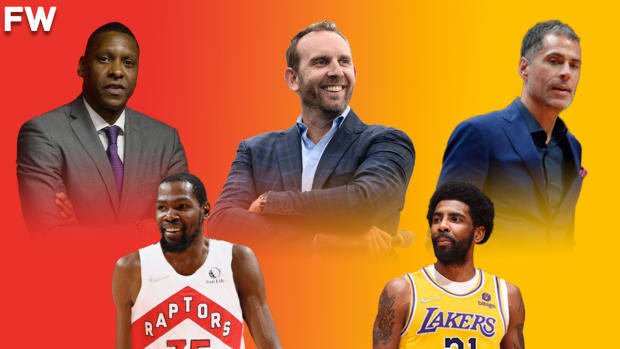 Video: Sean Marks Spotted Talking To Masai Ujiri And Rob Pelinka Amidst Reports Linking Kevin Durant And Kyrie Irving To The Raptors And Lakers