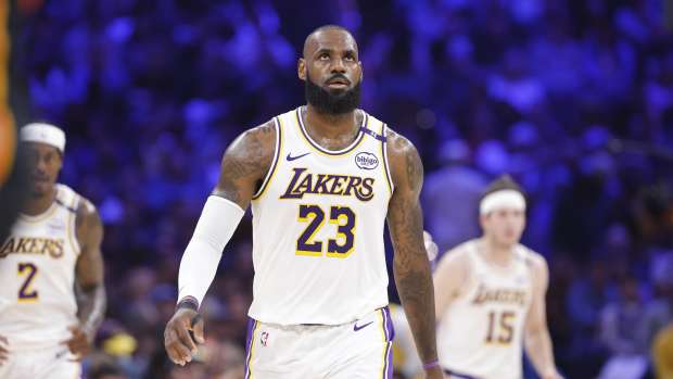 Los Angeles Lakers forward LeBron James (23) walks down the court after a play against the Oklahoma City Thunder during the second quarter at Paycom Center.