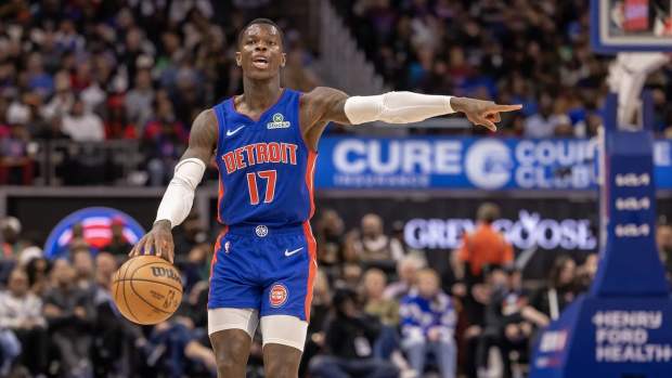 Detroit, Michigan, USA; Detroit Pistons guard Dennis Schroder (17) moves the ball up court and directs a play against the New York Knicks during the second half at Little Caesars Arena. Mandatory Credit: David Reginek-Imagn Images