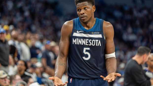 Minneapolis, Minnesota, USA; Minnesota Timberwolves guard Anthony Edwards (5) responds to the Los Angeles Lakers bench after a foul in the second quarter during game four of first round for the 2025 NBA Playoffs at Target Center. Mandatory Credit: Matt Blewett-Imagn Images