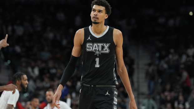 Jan 29, 2025; San Antonio, Texas, USA; San Antonio Spurs center Victor Wembanyama (1) looks up in the second half against the LA Clippers at Frost Bank Center. Mandatory Credit: Daniel Dunn-Imagn Images  
