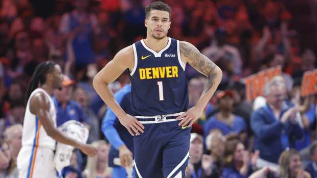 Mar 10, 2025; Oklahoma City, Oklahoma, USA; Denver Nuggets forward Michael Porter Jr. (1) walks down the court after a play against the Oklahoma City Thunder during the second quarter at Paycom Center. Mandatory Credit: Alonzo Adams-Imagn Images