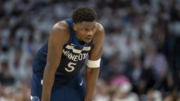 Minnesota Timberwolves guard Anthony Edwards (5) looks on against the Golden State Warriors in the first half during game five of the second round for the 2025 NBA Playoffs at Target Center.