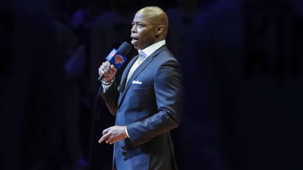 Jan 17, 2022; New York, New York, USA; New York City Mayor Eric Adams addresses the crowd prior to the game honoring Martin Luther King Jr. between the Charlotte Hornets and New York Knicks at Madison Square Garden.