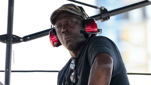 Oct 22, 2023; Homestead, Florida, USA; 23XI Team co-owner Michael Jordan sits atop of the pitbox during the 4EVER 400 presented by Mobil 1 at Homestead-Miami Speedway.