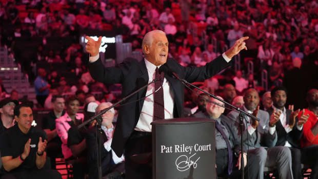 Oct 23, 2024; Miami, Florida, USA; Miami Heat president Pat Riley addresses the crowd during the Pat Riley Court dedication ceremony at halftime at Kaseya Center. Mandatory Credit: Jim Rassol-Imagn Images