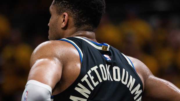 Apr 29, 2025; Indianapolis, Indiana, USA; Milwaukee Bucks forward Giannis Antetokounmpo (34) during game five of the first round for the 2024 NBA Playoffs against the Indiana Pacers at Gainbridge Fieldhouse. Mandatory Credit: Trevor Ruszkowski-Imagn Images  
