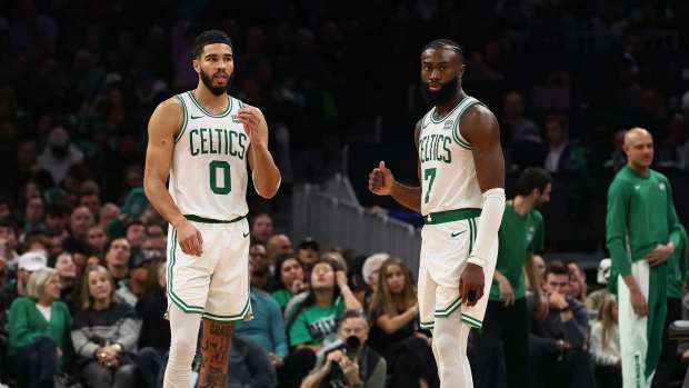 Boston Celtics forward Jayson Tatum (0) and guard Jaylen Brown (7) during the second half against the Atlanta Hawks at TD Garden.