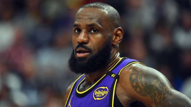 Los Angeles Lakers forward LeBron James (23) during the first half against the Denver Nuggets at Ball Arena.