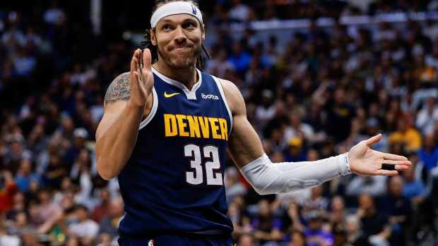 Denver Nuggets forward Aaron Gordon (32) reacts after a play in the third quarter against the Los Angeles Clippers during game two of first round for the 2025 NBA Playoffs at Ball Arena.