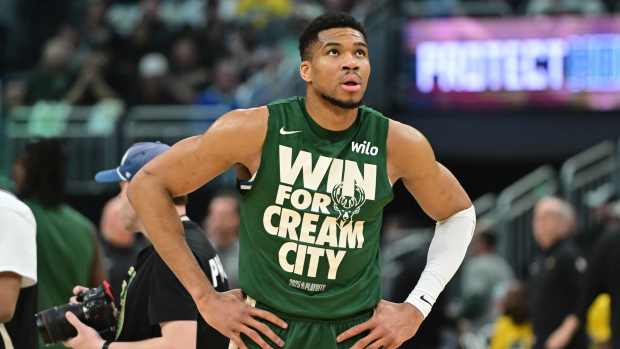 Apr 27, 2025; Milwaukee, Wisconsin, USA; Milwaukee Bucks forward Giannis Antetokounmpo (34) gets ready to play Indiana Pacers during game four of first round for the 2024 NBA Playoffs at Fiserv Forum. Mandatory Credit: Benny Sieu-Imagn Images
