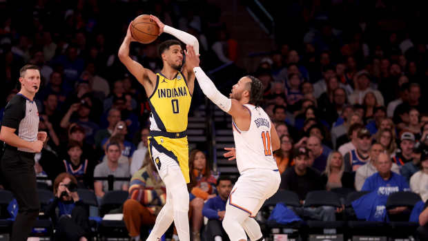 Oct 25, 2024; New York, New York, USA; Indiana Pacers guard Tyrese Haliburton (0) looks to pass the ball against New York Knicks guard Jalen Brunson (11) during the third quarter at Madison Square Garden. Mandatory Credit: Brad Penner-Imagn Images