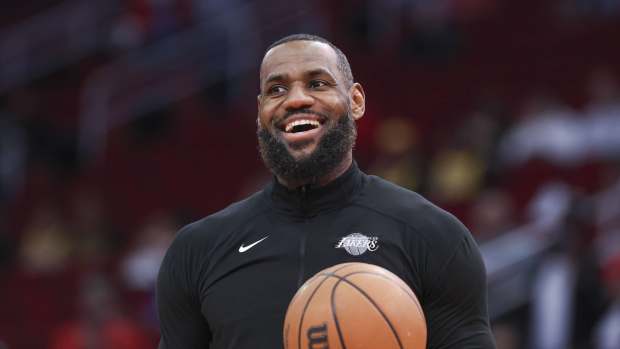 Jan 29, 2024; Houston, Texas, USA; Los Angeles Lakers forward LeBron James (23) smiles before the game against the Houston Rockets at Toyota Center. Mandatory Credit: Troy Taormina-Imagn Images