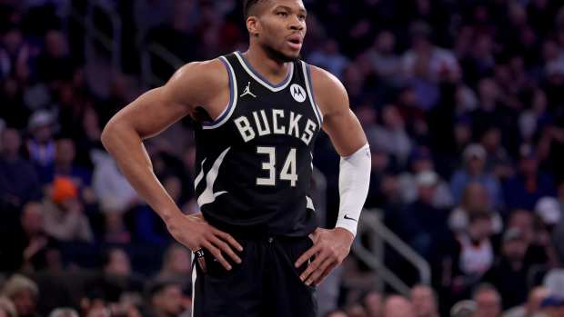 Jan 12, 2025; New York, New York, USA; Milwaukee Bucks forward Giannis Antetokounmpo (34) reacts during the first quarter against the New York Knicks at Madison Square Garden. Mandatory Credit: Brad Penner-Imagn Images