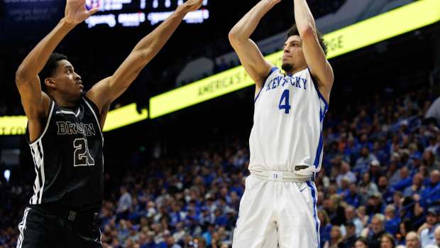 Dec 31, 2024; Lexington, Kentucky, USA; Kentucky Wildcats guard Koby Brea (4) shoots the ball during the second half against the Brown Bears at Rupp Arena at Central Bank Center. Mandatory Credit: Jordan Prather-Imagn Images