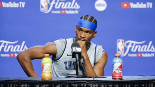 Jun 4, 2025; Oklahoma City, OK, USA; Oklahoma City Thunder guard Shai Gilgeous-Alexander (2) during NBA Finals Media Day at Paycom Center.