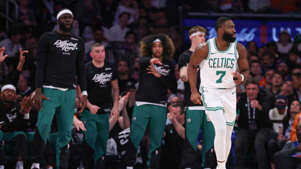 May 12, 2025; New York, New York, USA; Boston Celtics guard Jaylen Brown (7) reacts in the first half after making a three point basket during game four of the second round for the 2025 NBA Playoffs against the New York Knicks at Madison Square Garden. Mandatory Credit: Vincent Carchietta-Imagn Images