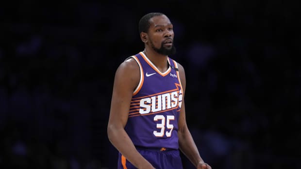 Mar 16, 2025; Los Angeles, California, USA; Phoenix Suns forward Kevin Durant (35) reacts against the Los Angeles Lakers in the second half at Crypto.com Arena. Mandatory Credit: Kirby Lee-Imagn Images
