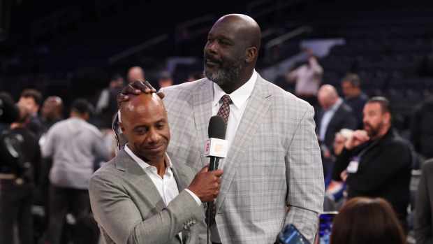 May 29, 2025; New York, New York, USA; Richard Jefferson and Shaquille O'Neal look on before game five of the eastern conference finals for the 2025 NBA Playoffs at Madison Square Garden. Mandatory Credit: Vincent Carchietta-Imagn Images