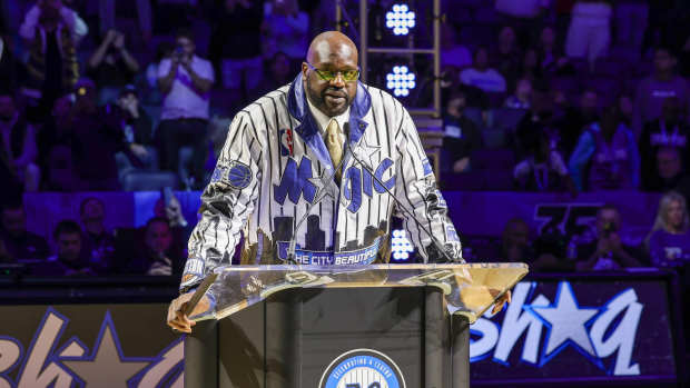 Orlando, Florida, USA; Shaquille O'Neal during a post game ceremony where the Orlando Magic retired his #32 jersey at Amway Center. Mandatory Credit: Mike Watters-Imagn Images