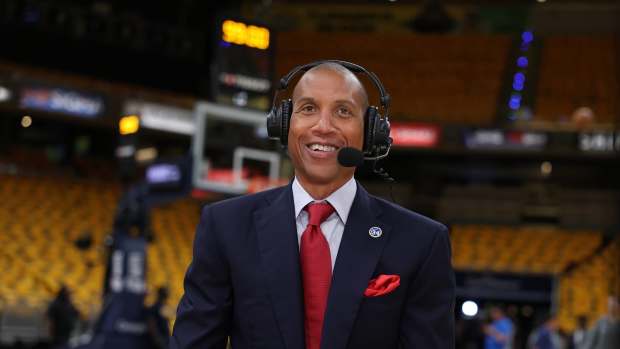 Indianapolis, Indiana, USA; Reggie Miller speaks during a broadcast prior to game four of the eastern conference finals between the Indiana Pacers and the New York Knicks for the 2025 NBA Playoffs at Gainbridge Fieldhouse. Mandatory Credit: Trevor Ruszkowski-Imagn Images