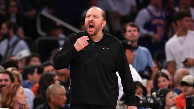 New York Knicks head coach Tom Thibodeau reacts in the fourth quarter against the Indiana Pacers during game five of the Eastern Conference Finals for the 2025 NBA Playoffs at Madison Square Garden.
