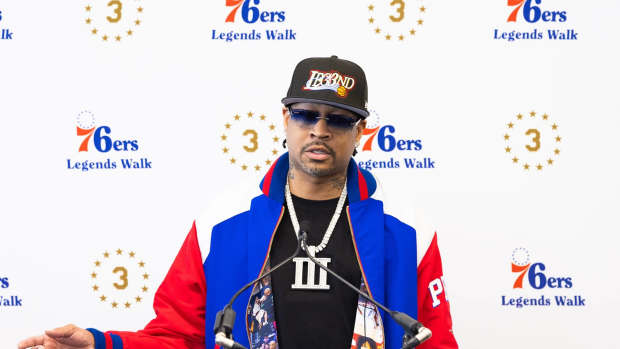 Apr 12, 2024; Camden, NJ, USA; Philadelphia 76ers great Allen Iverson speaks at the podium during the unveiling of a statue honoring him in a ceremony at Penn Medicine Philadelphia 76ers Training Complex. Mandatory Credit: Bill Streicher-Imagn Images
