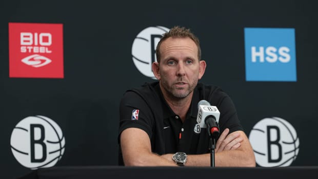 Brooklyn Nets general manager Sean Marks talks to the media during media day at HSS Training Center.