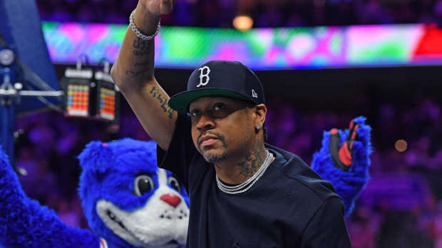 Philadelphia, Pennsylvania, USA; Former Philadelphia 76ers player Allen Iverson acknowledges the crowd during the game against the Brooklyn Nets during the second quarter at Wells Fargo Center. Mandatory Credit: Eric Hartline-Imagn Images