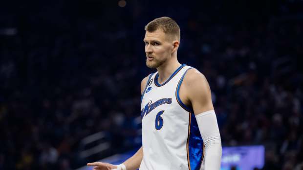 Washington Wizards center Kristaps Porzingis (6) reacts during the first half of the game against the Golden State Warriors at Chase Center.