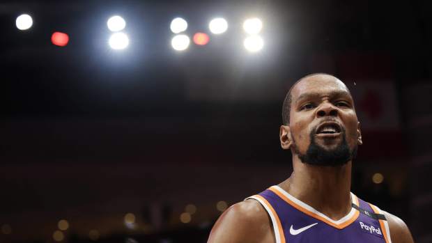 Phoenix Suns forward Kevin Durant (35) reacts to call in the second half against the Houston Rockets at Toyota Center.