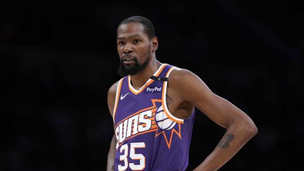 Phoenix Suns forward Kevin Durant (35) reacts against the Los Angeles Lakers in the second half at Crypto.com Arena.
