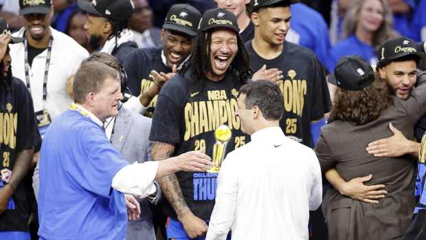 Jun 22, 2025; Oklahoma City, Oklahoma, USA; Oklahoma City Thunder forward Jaylin Williams (6) celebrates with head coach Mark Daigneault after winning game seven of the 2025 NBA Finals against the Indiana Pacers at Paycom Center. Mandatory Credit: Alonzo Adams-Imagn Images