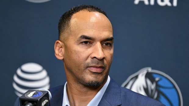 Dallas Mavericks general manager Nico Harrison speaks to the media at the Dallas Mavericks Practice Facility.