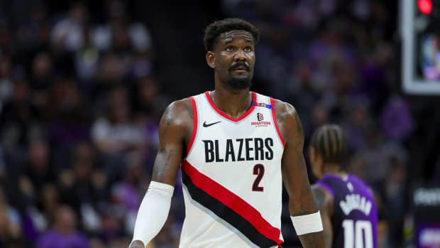 Oct 28, 2024; Sacramento, California, USA; Portland Trail Blazers center Deandre Ayton (2) walks up the court during the second quarter against the Sacramento Kings at Golden 1 Center. Mandatory Credit: Sergio Estrada-Imagn Images