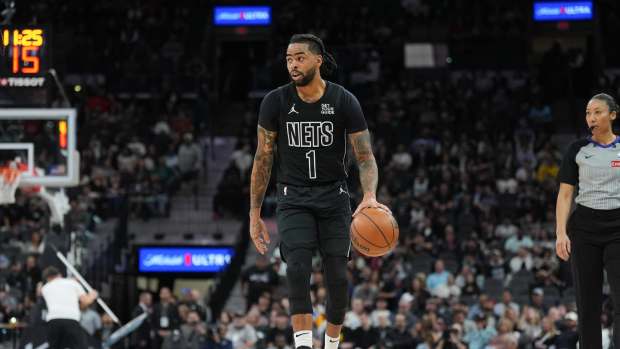 San Antonio, Texas, USA; Brooklyn Nets guard D'Angelo Russell (1) dribbles in the second half against the San Antonio Spurs at Frost Bank Center. Mandatory Credit: Daniel Dunn-Imagn Images