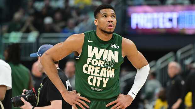 Apr 27, 2025; Milwaukee, Wisconsin, USA; Milwaukee Bucks forward Giannis Antetokounmpo (34) gets ready to play Indiana Pacers during game four of first round for the 2024 NBA Playoffs at Fiserv Forum. Mandatory Credit: Benny Sieu-Imagn Images  
