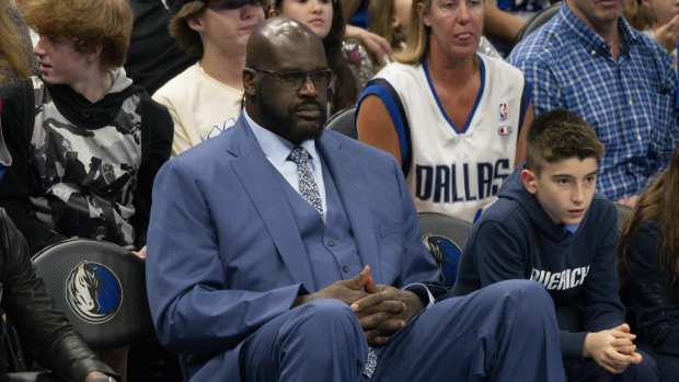 Dallas, Texas, USA; Shaquille O'Neal watches the game between the Dallas Mavericks and the Minnesota Timberwolves in game four of the Western Conference Finals for the 2024 NBA playoffs at American Airlines Center. Mandatory Credit: Jerome Miron-Imagn Images