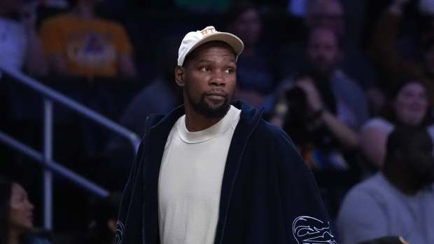 May 27, 2025; Los Angeles, California, USA; Kevin Durant attends a WNBA game between the Atlanta Dream and LA Sparks at Crypto.com Arena. Mandatory Credit: Kirby Lee-Imagn Images  