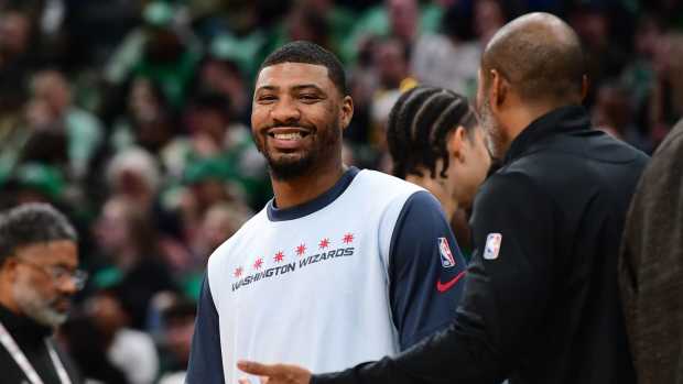 Washington Wizards guard Marcus Smart (36) smiles during a timeout in the first half against the Boston Celtics at TD Garden.