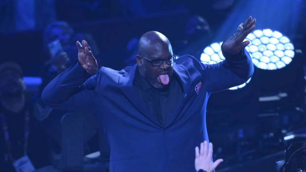 Feb 20, 2022; Cleveland, Ohio, USA; Shaquille O'Neal is honored during halftime during the 2022 NBA All-Star Game at Rocket Mortgage FieldHouse.