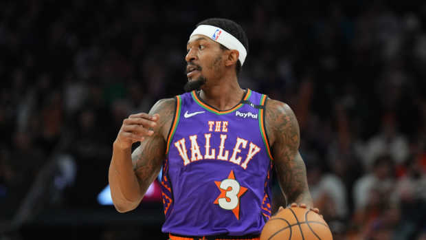 Dec 21, 2024; Phoenix, Arizona, USA; Phoenix Suns guard Bradley Beal (3) dribbles against the Detroit Pistons during the first half at Footprint Center. Mandatory Credit: Joe Camporeale-Imagn Images