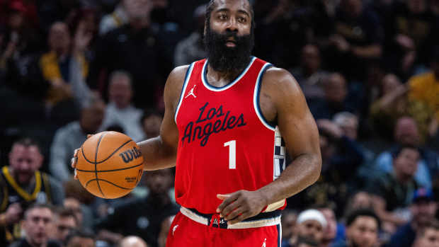 Indianapolis, Indiana, USA; LA Clippers guard James Harden (1) dribbles the ball in the first half against the Indiana Pacers at Gainbridge Fieldhouse. Mandatory Credit: Trevor Ruszkowski-Imagn Images