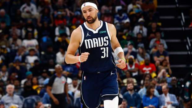 Apr 18, 2025; Memphis, Tennessee, USA; Dallas Mavericks guard Klay Thompson (31) reacts during the third quarter against the Memphis Grizzlies at FedExForum. Mandatory Credit: Petre Thomas-Imagn Images
