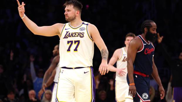 Mar 2, 2025; Los Angeles, California, USA; Los Angeles Lakers guard Luka Doncic (77) reacts to a play during the third quarter against the LA Clippers at Crypto.com Arena. Mandatory Credit: Jason Parkhurst-Imagn Images